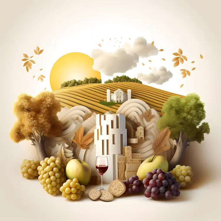 Vineyard Landscape with Wine and Grapes