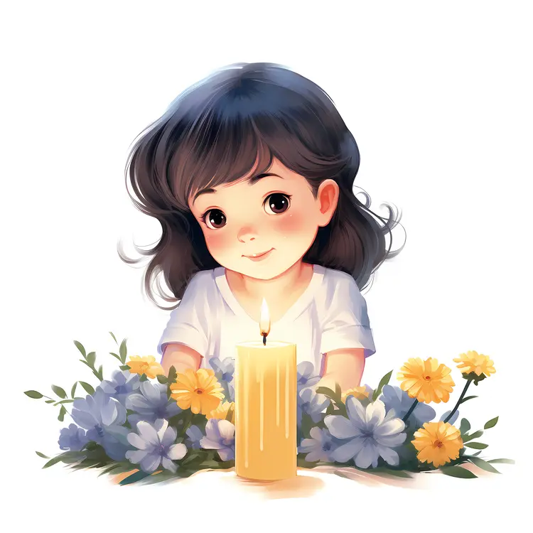 Cute Girl with Candle and Flowers