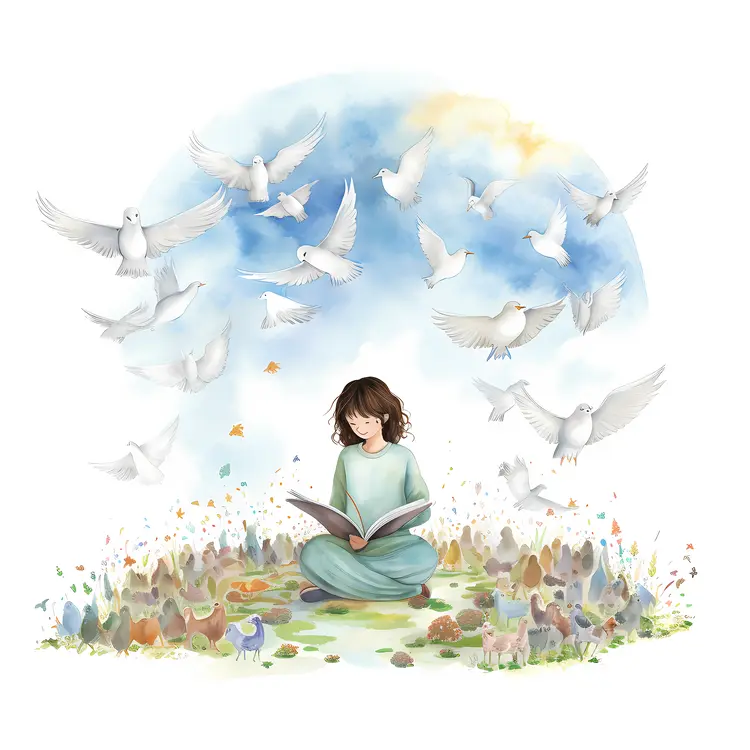 Girl Reading with Doves Flying Around