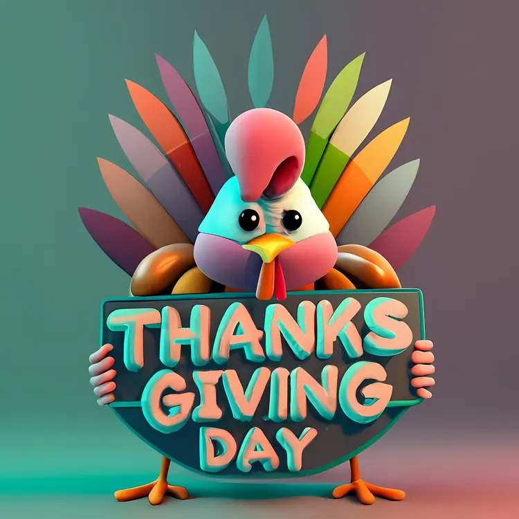 Thanksgiving Day Turkey with Colorful Feathers Holding Sign