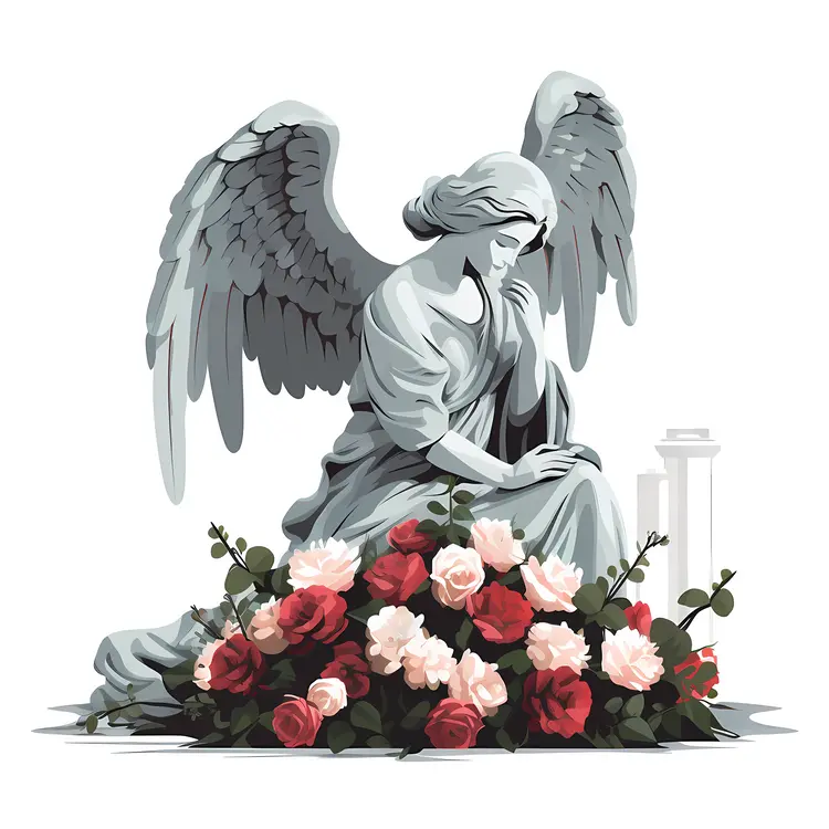 Kneeling Angel Statue with Red and White Flowers