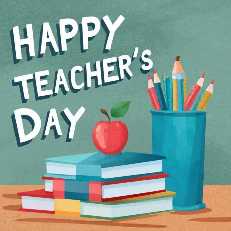 Happy Teacher's Day Text with Books and Pencils