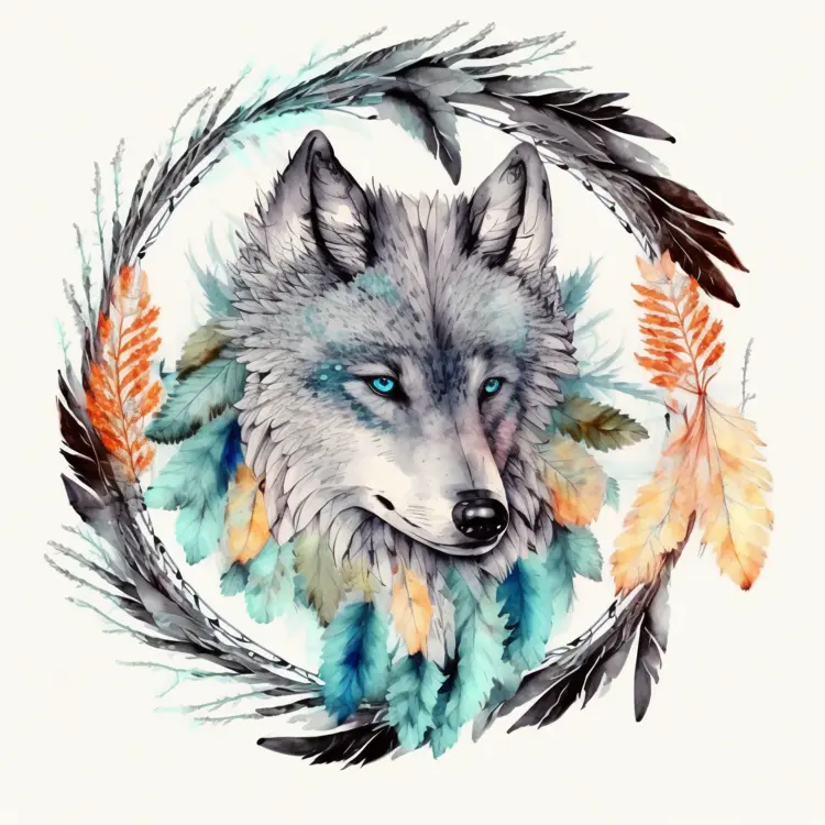 Tribal Wolf with Colorful Feathers Illustration