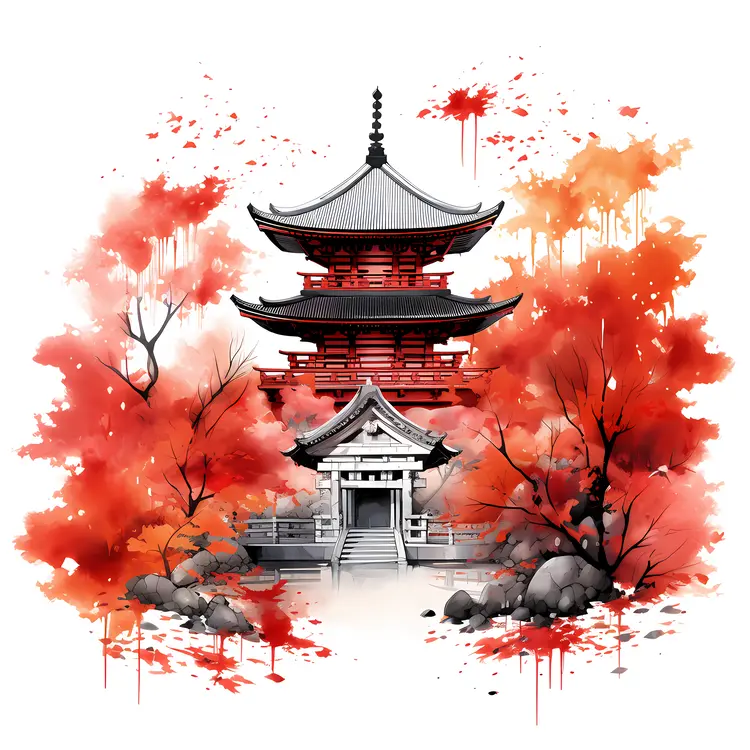 Red Pagoda with Autumn Trees