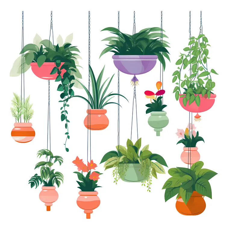 Collection of Hanging Plants in Various Pots