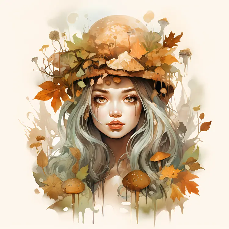 Girl with Autumn Leaves and Mushrooms