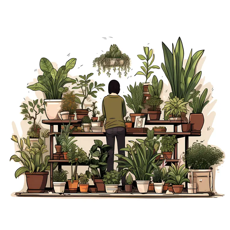 Person Tending to a Collection of Potted Plants
