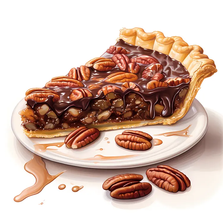 Illustrated Chocolate Pecan Pie Slice