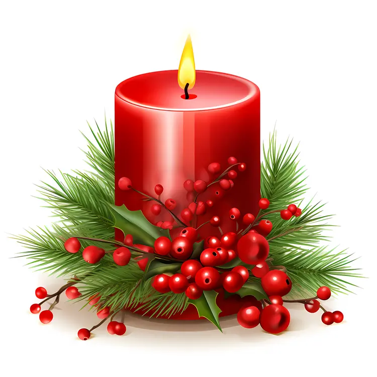 Red Candle with Holly and Berries