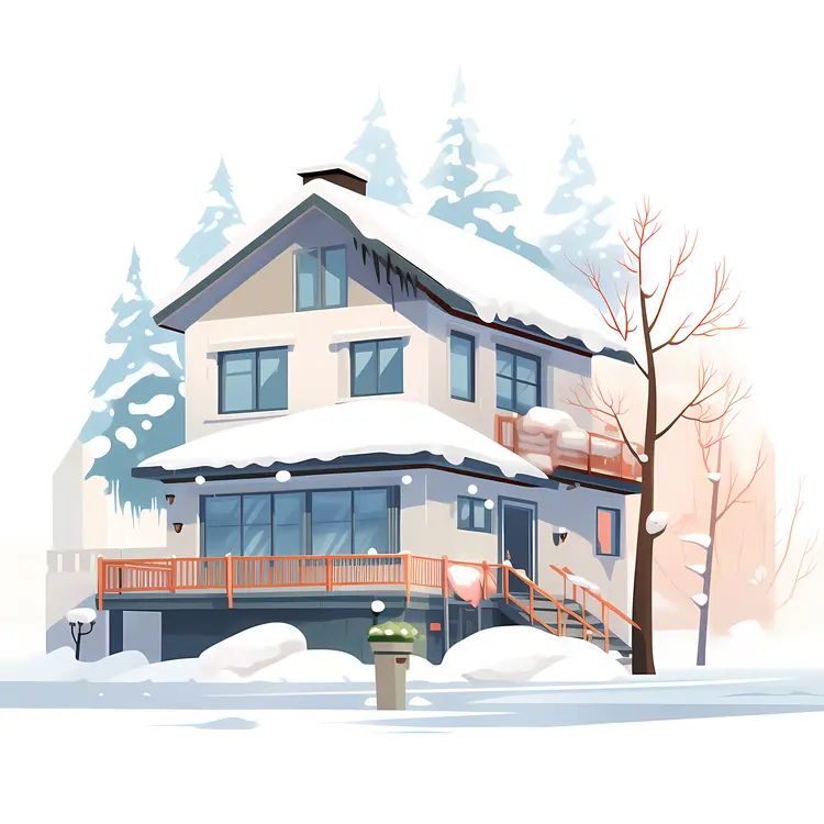 Snowy House with Deck and Trees