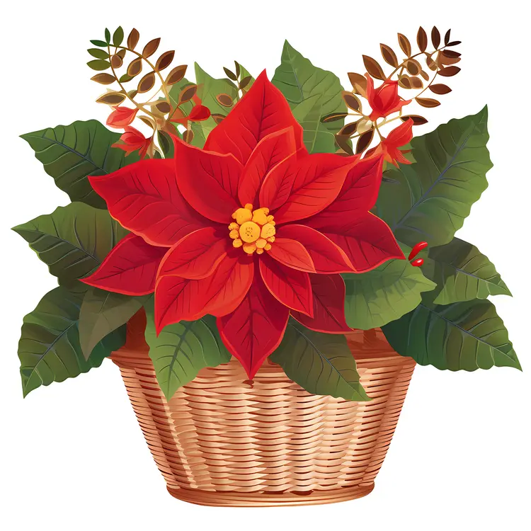 Beautiful Red Poinsettia in Wicker Basket for Christmas Decor