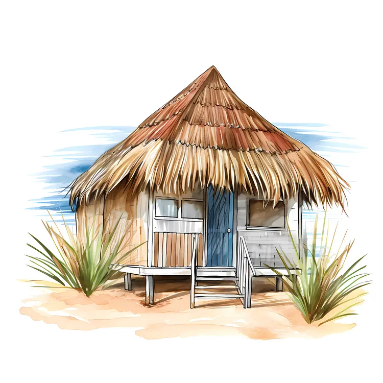 Small cute beach hut with thatched roof