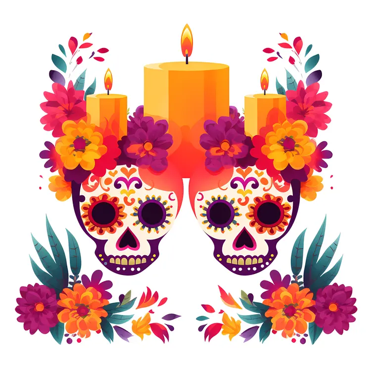 Colorful Sugar Skulls with Candles and Flowers for Day of the Dead