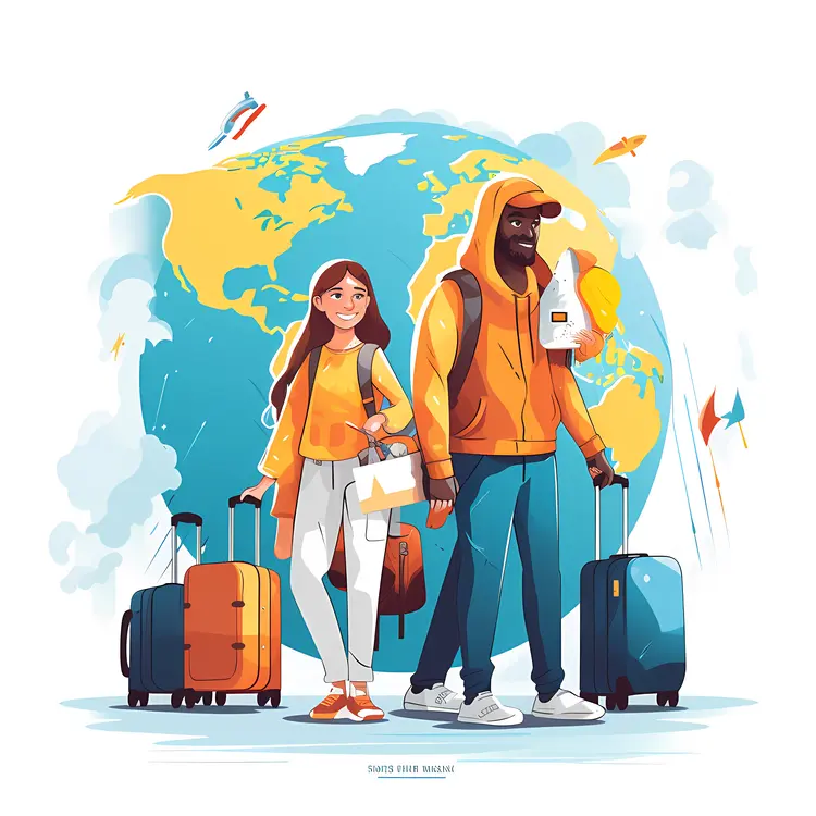 Travelers with Luggage and World Map