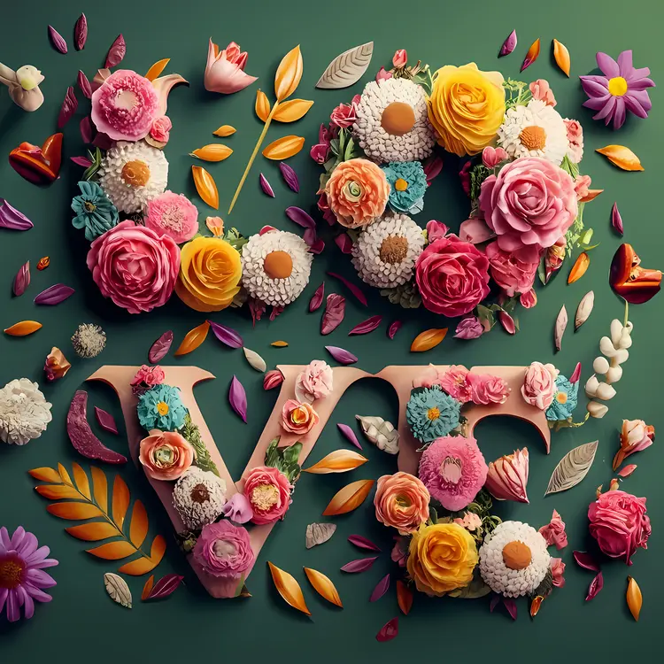 Love Text with Flowers on Green Background