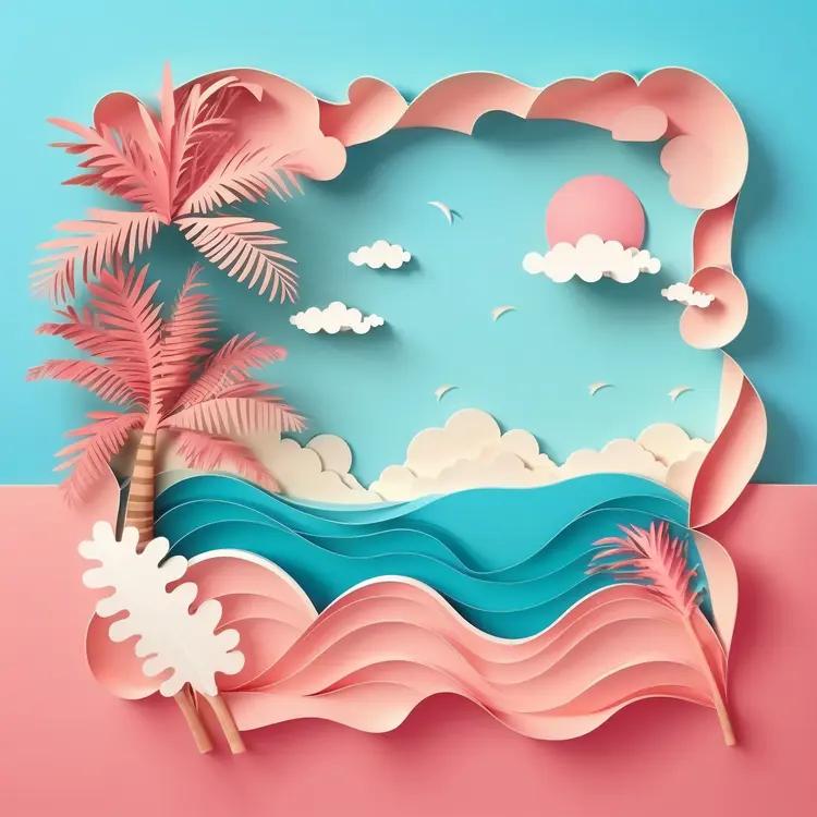 Colorful Beach Scene with Palm Trees and Ocean Waves