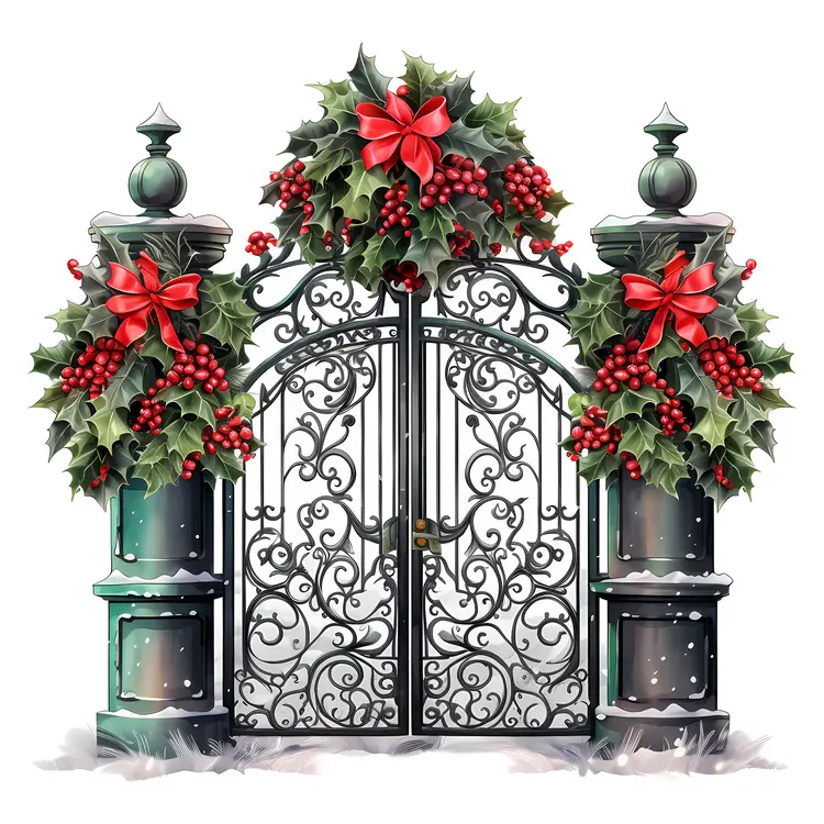 Gate Decorated with Holly and Red Bows