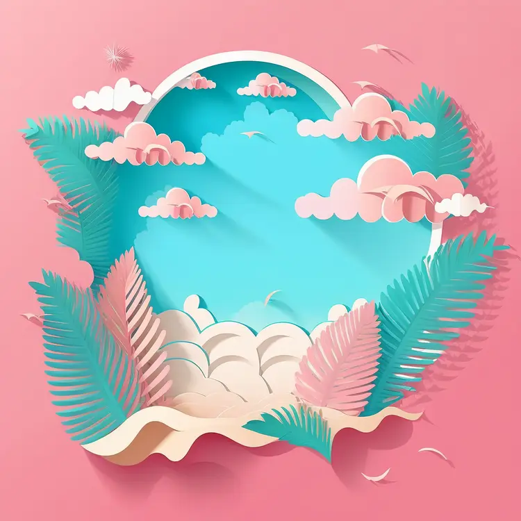 Paper Cutout Landscape with Clouds and Leaves