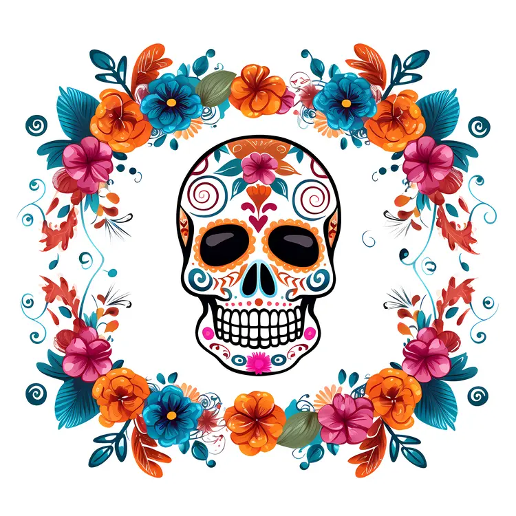 Sugar Skull with Floral Circular Frame