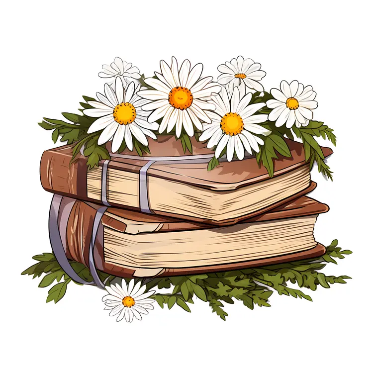 Vintage Books with Daisies Illustration