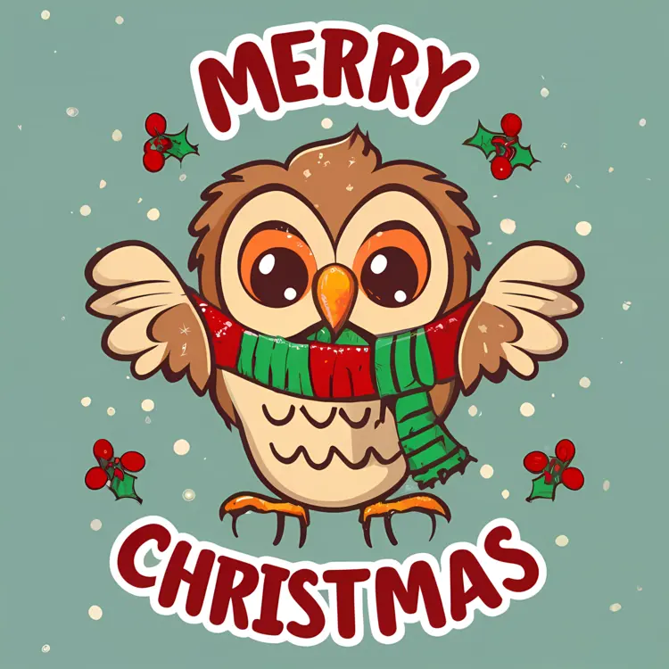 Owl with Christmas Hat and Scarf