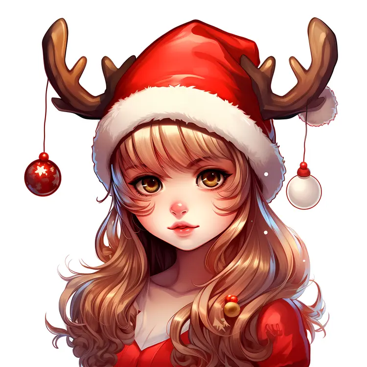 Girl in Santa Hat with Reindeer Antlers