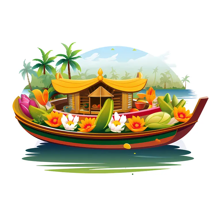 Colorful Houseboat with Flowers in Tropical Setting