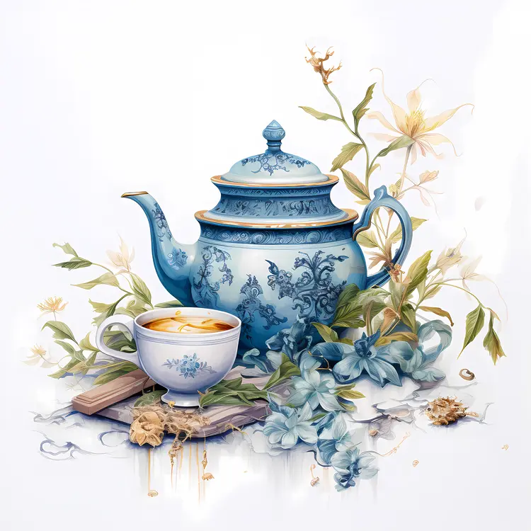 Blue Teapot with Cup and Flowers