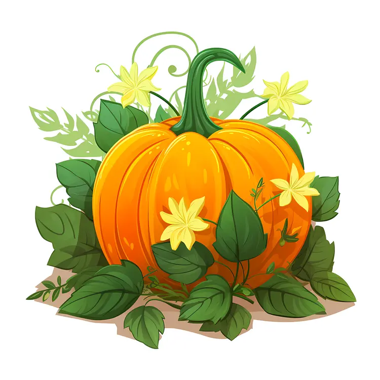 Pumpkin with Green Leaves and Yellow Flowers