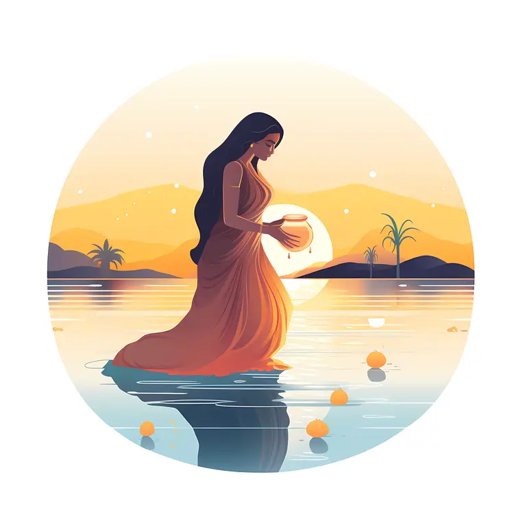 Serene Woman with Pot at Sunset
