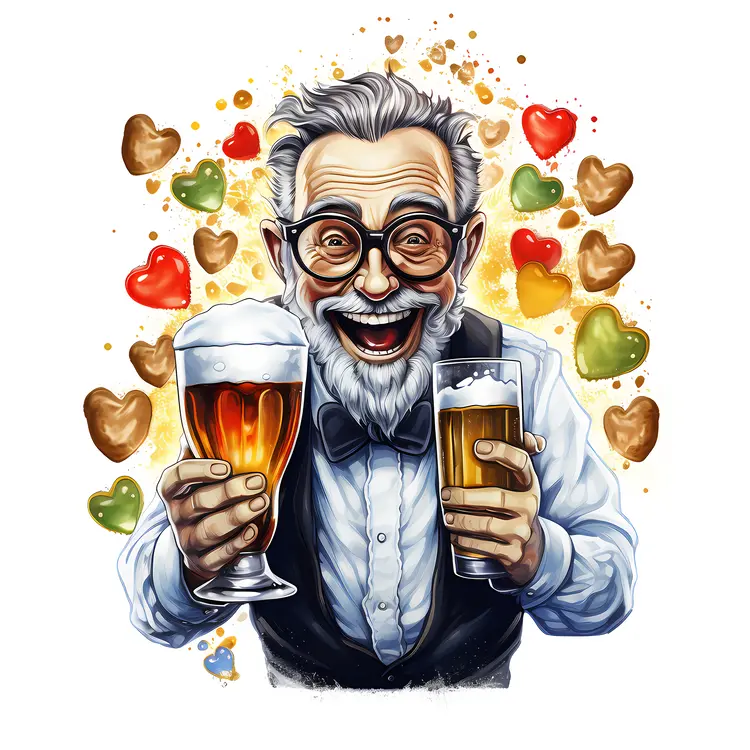Old Man Holding Two Beer Glasses with Hearts