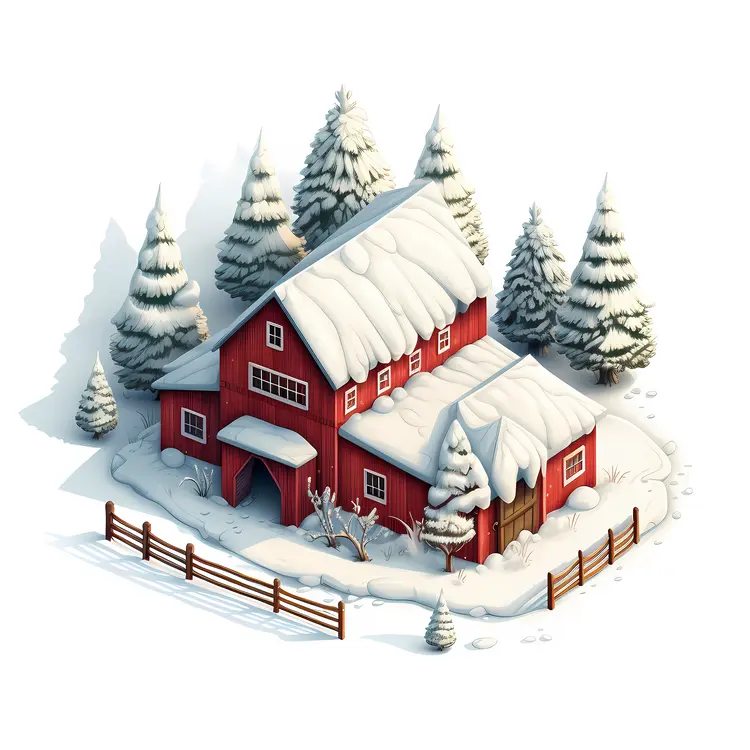 Snow-Covered Red Barn in Winter