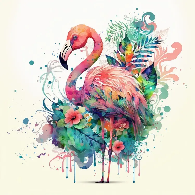 Colorful Watercolor Flamingo with Tropical Flowers and Leaves
