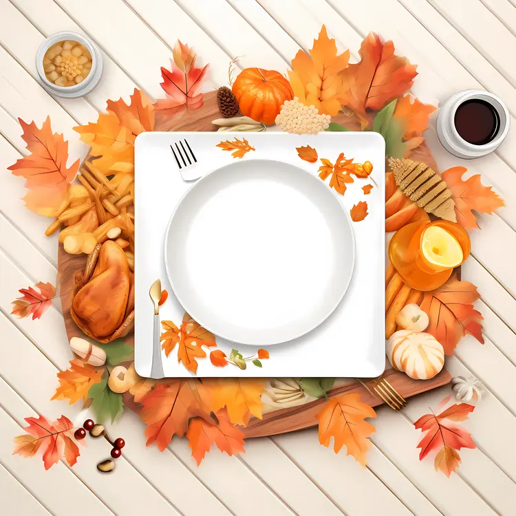 Empty Plate with Autumn Leaves and Pumpkins