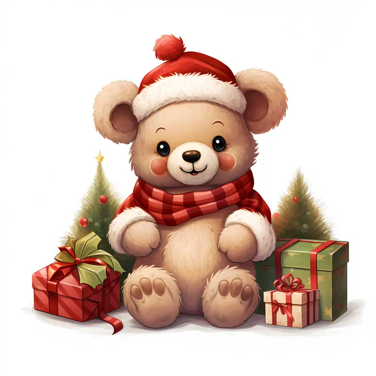 Christmas Bear with Gifts and Trees