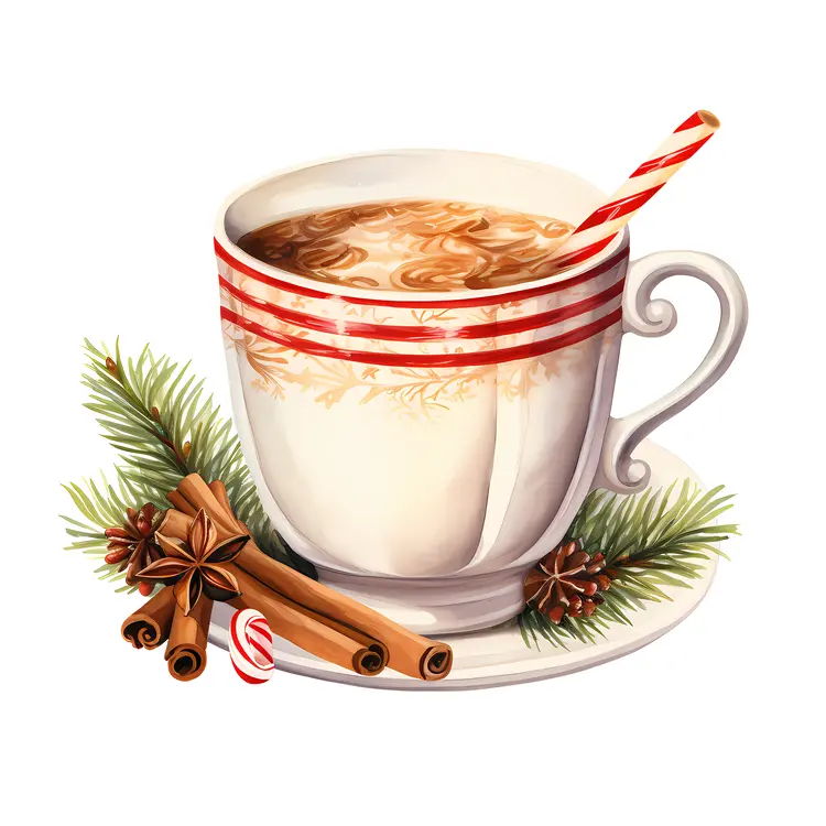 White Cup with Red Stripes and Festive Decorations