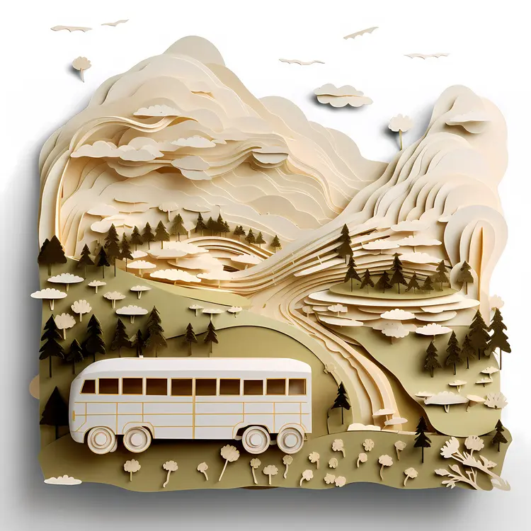 White Bus in Layered Paper Art Landscape