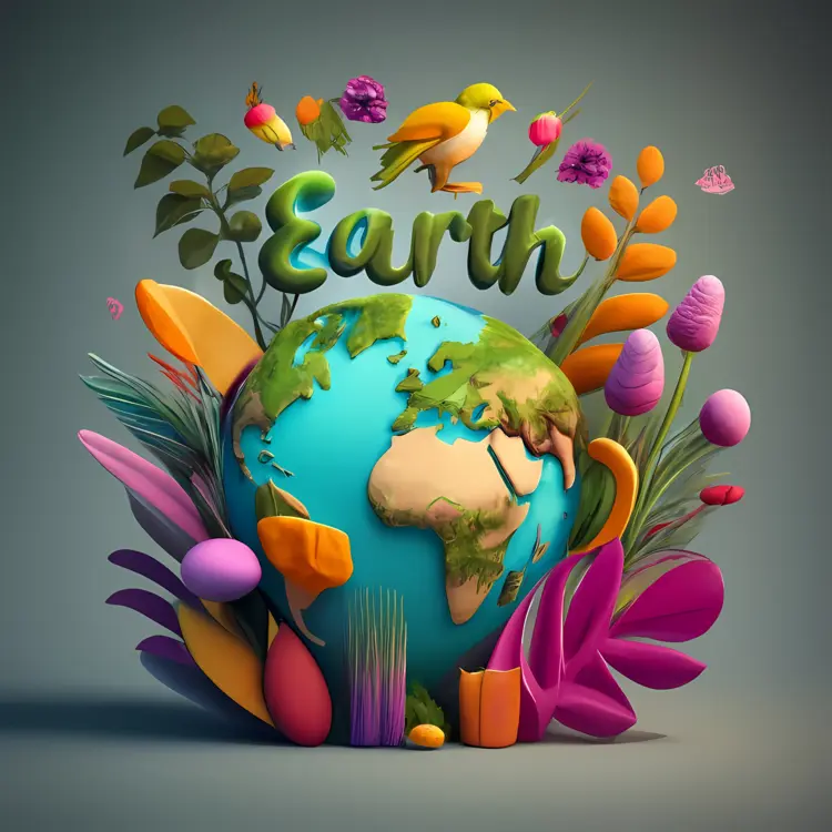 Earth with Colorful Flowers and Birds