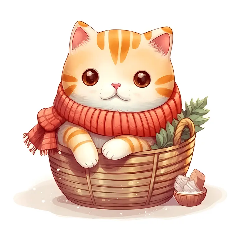 Adorable Kitten in Red Scarf in Basket