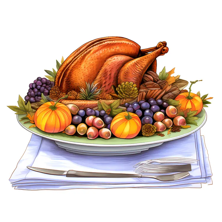 Roasted Turkey with Fruits and Autumn Leaves for Thanksgiving