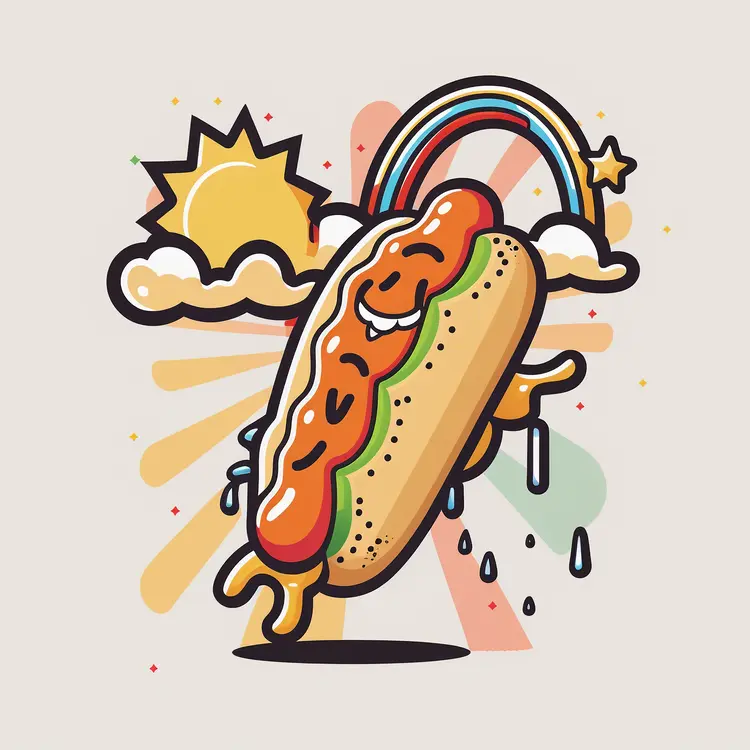 Fun Hot Dog Cartoon with Rainbow and Sun