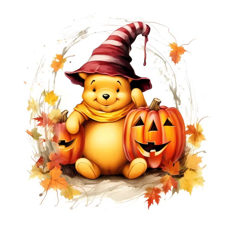 Teddy Bear with Striped Witch Hat and Pumpkins