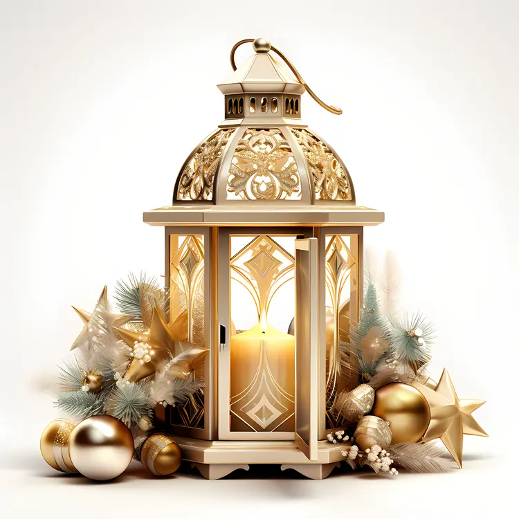 Golden Lantern with Candle and Ornaments for Christmas