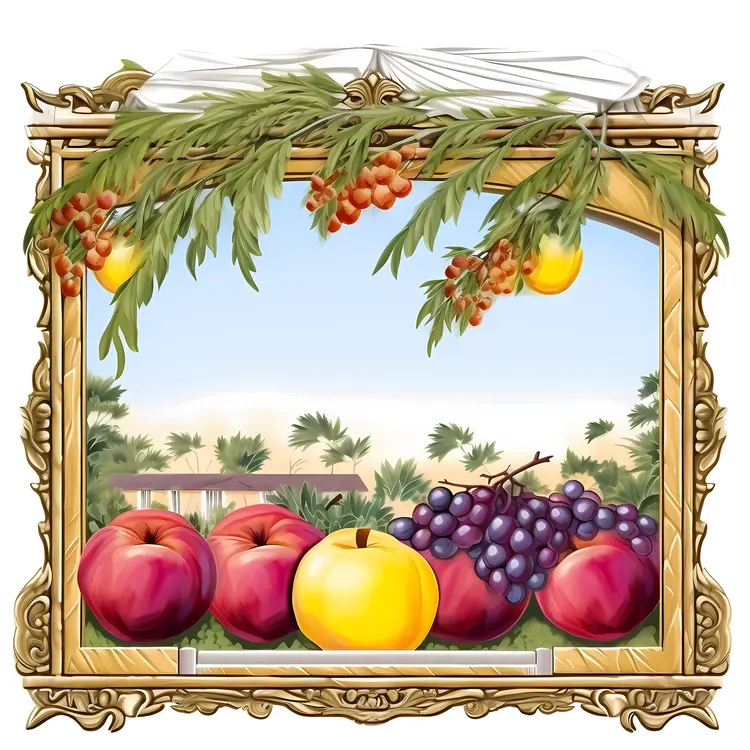 Colorful Fruits in Ornate Frame for Harvest Festival