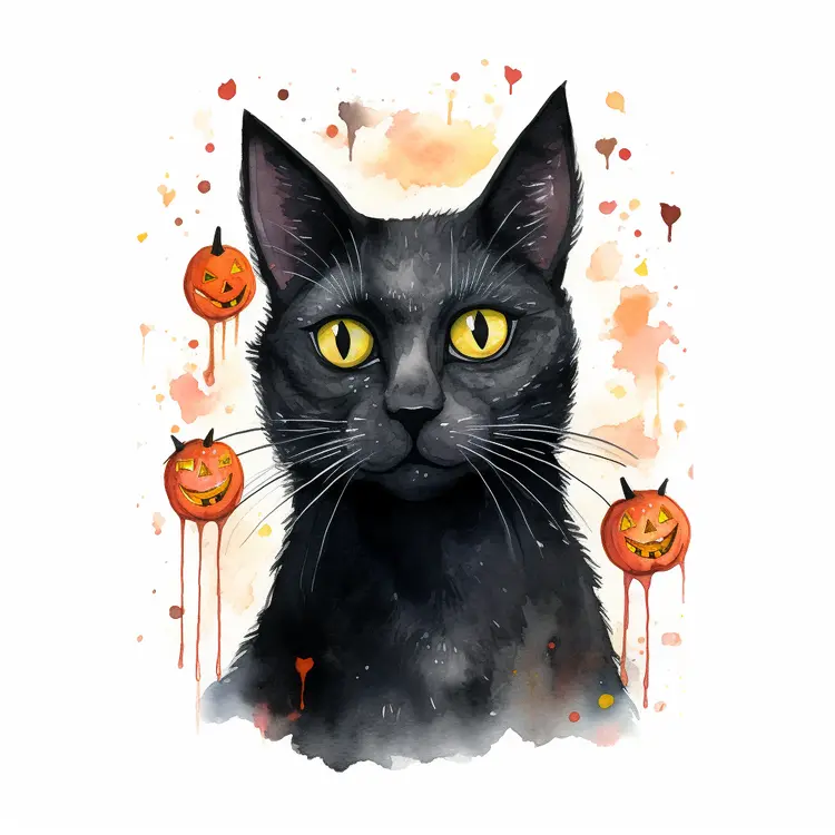 Black Cat with Halloween Pumpkins