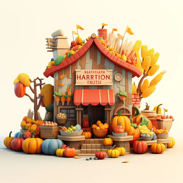 Harvest House with Pumpkins and Fruits