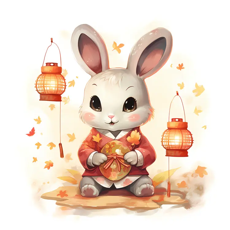 Cute Rabbit with Lanterns and Autumn Leaves