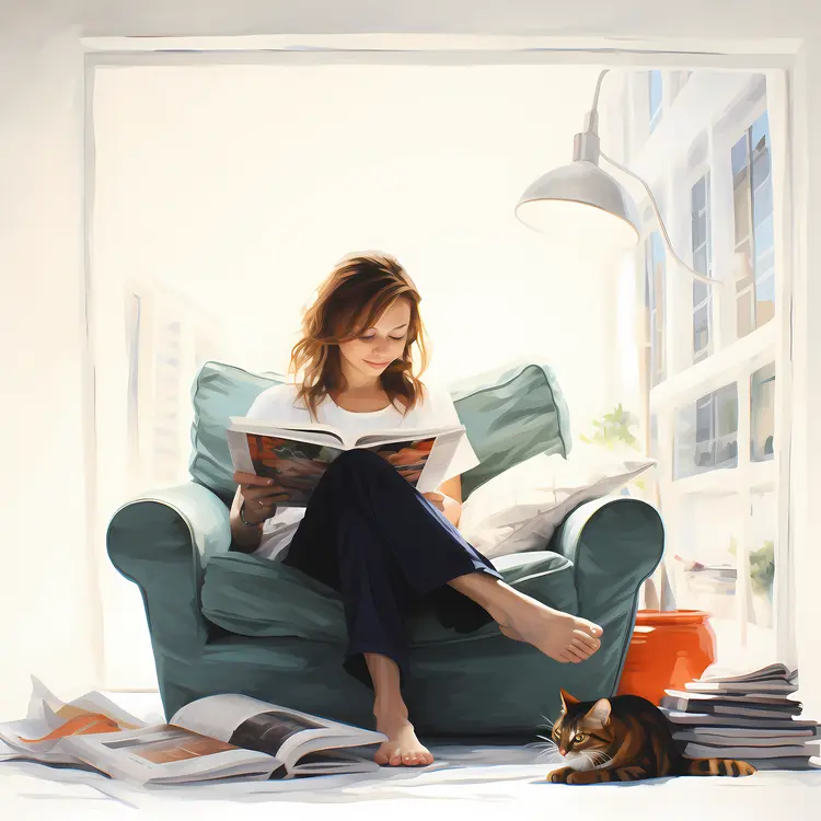 Woman Reading in Cozy Armchair with Cat