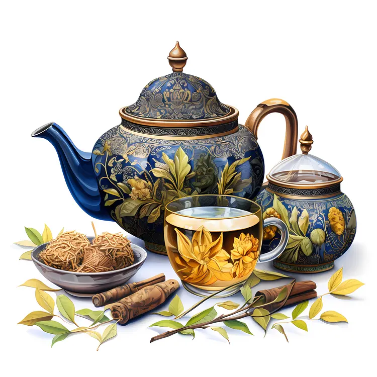 Blue Teapot with Cup and Leaves