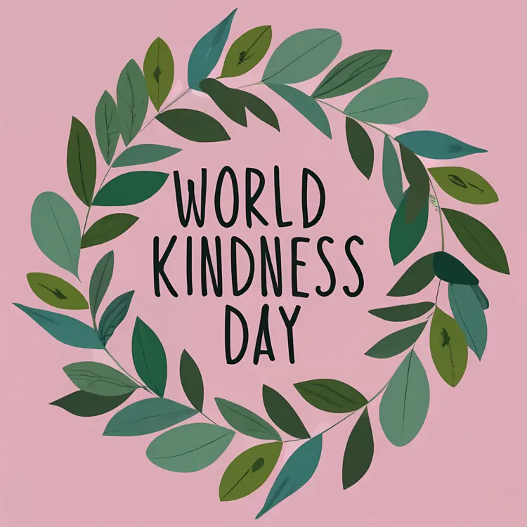 World Kindness Day Wreath with Green Leaves on Pink Background